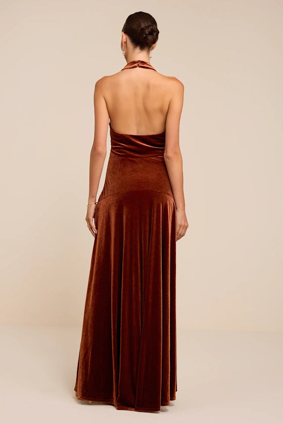Rust Velvet A-Line Halter Open Back Floor-Length Dress
