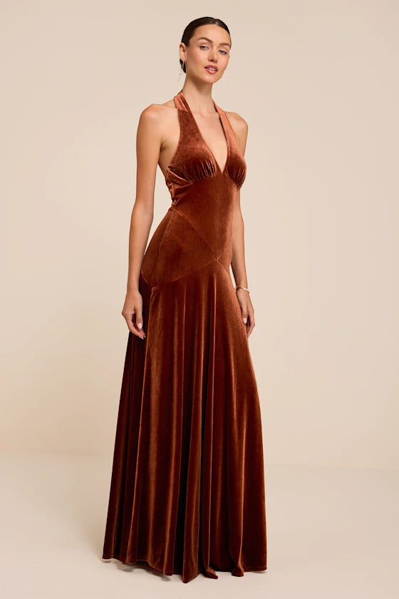 Rust Velvet A-Line Halter Open Back Floor-Length Dress