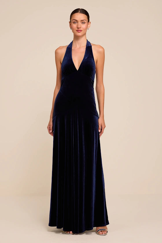 Navy Blue Velvet A-Line Halter Open Back Floor Length Dress