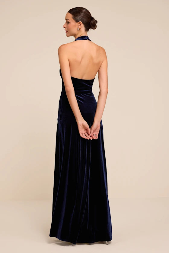 Navy Blue Velvet A-Line Halter Open Back Floor Length Dress
