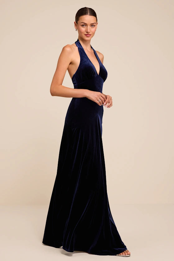 Navy Blue Velvet A-Line Halter Open Back Floor Length Dress