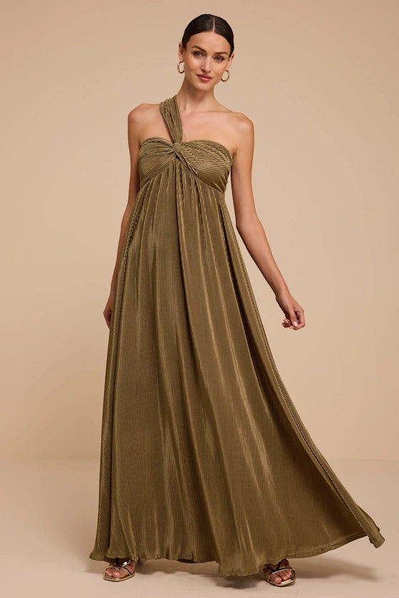 Olive Green Pleated Satin A-Line One Shoulder Open Back Floor-Length Dress