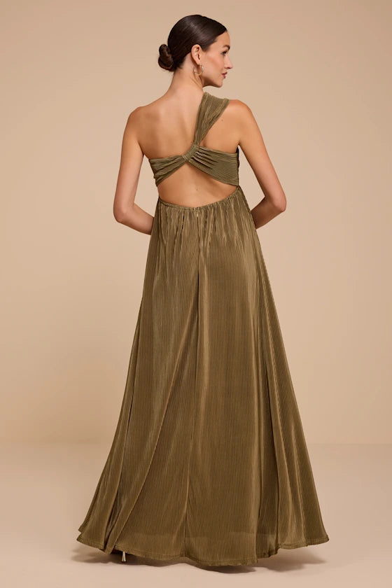 Olive Green Pleated Satin A-Line One Shoulder Open Back Floor-Length Dress