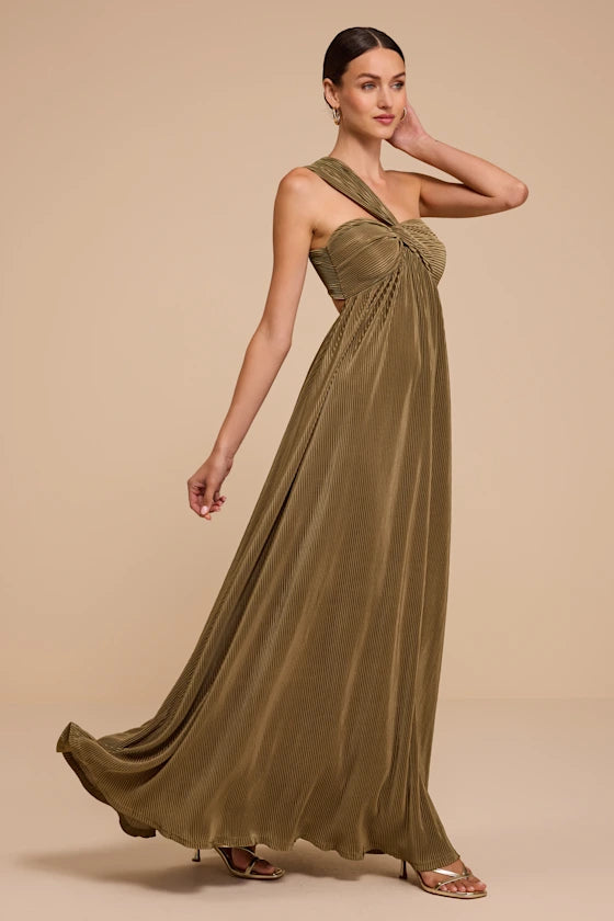 Olive Green Pleated Satin A-Line One Shoulder Open Back Floor-Length Dress