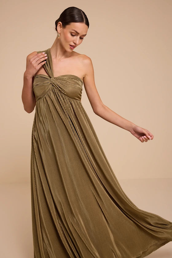 Olive Green Pleated Satin A-Line One Shoulder Open Back Floor-Length Dress