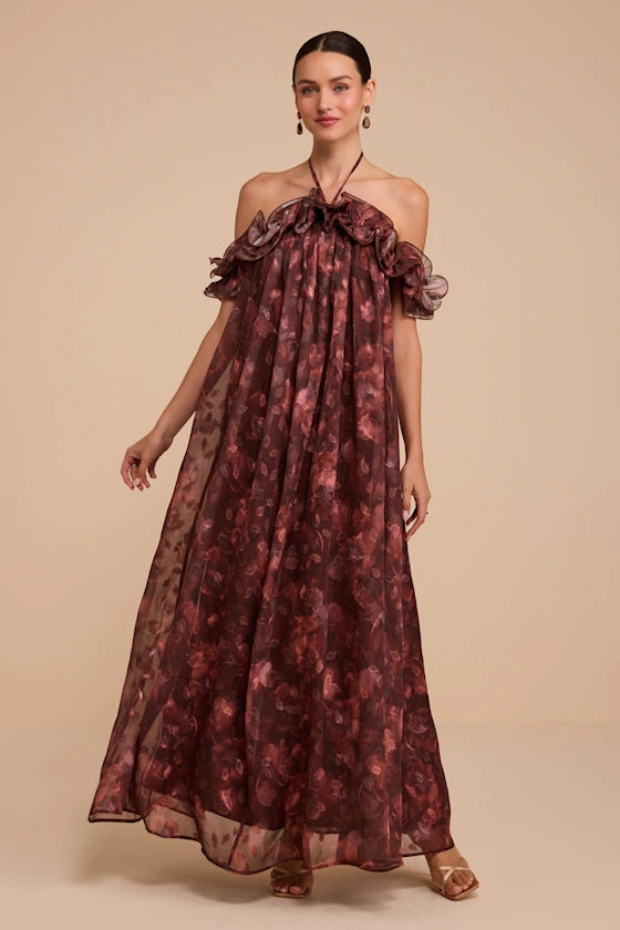 Cabernet Floral Chiffon A-Line Halter Tie-Back Floor-Length Dress