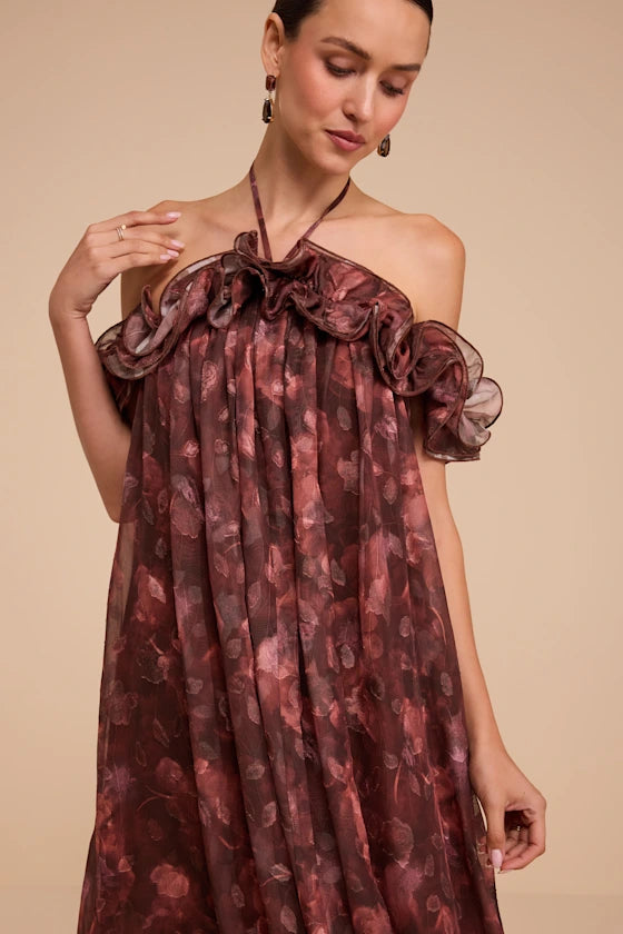 Cabernet Floral Chiffon A-Line Halter Tie-Back Floor-Length Dress