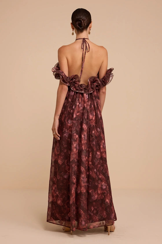 Cabernet Floral Chiffon A-Line Halter Tie-Back Floor-Length Dress