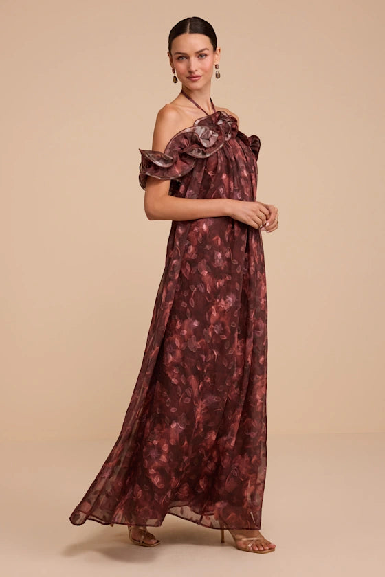 Cabernet Floral Chiffon A-Line Halter Tie-Back Floor-Length Dress
