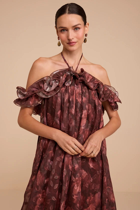 Cabernet Floral Chiffon A-Line Halter Tie-Back Floor-Length Dress