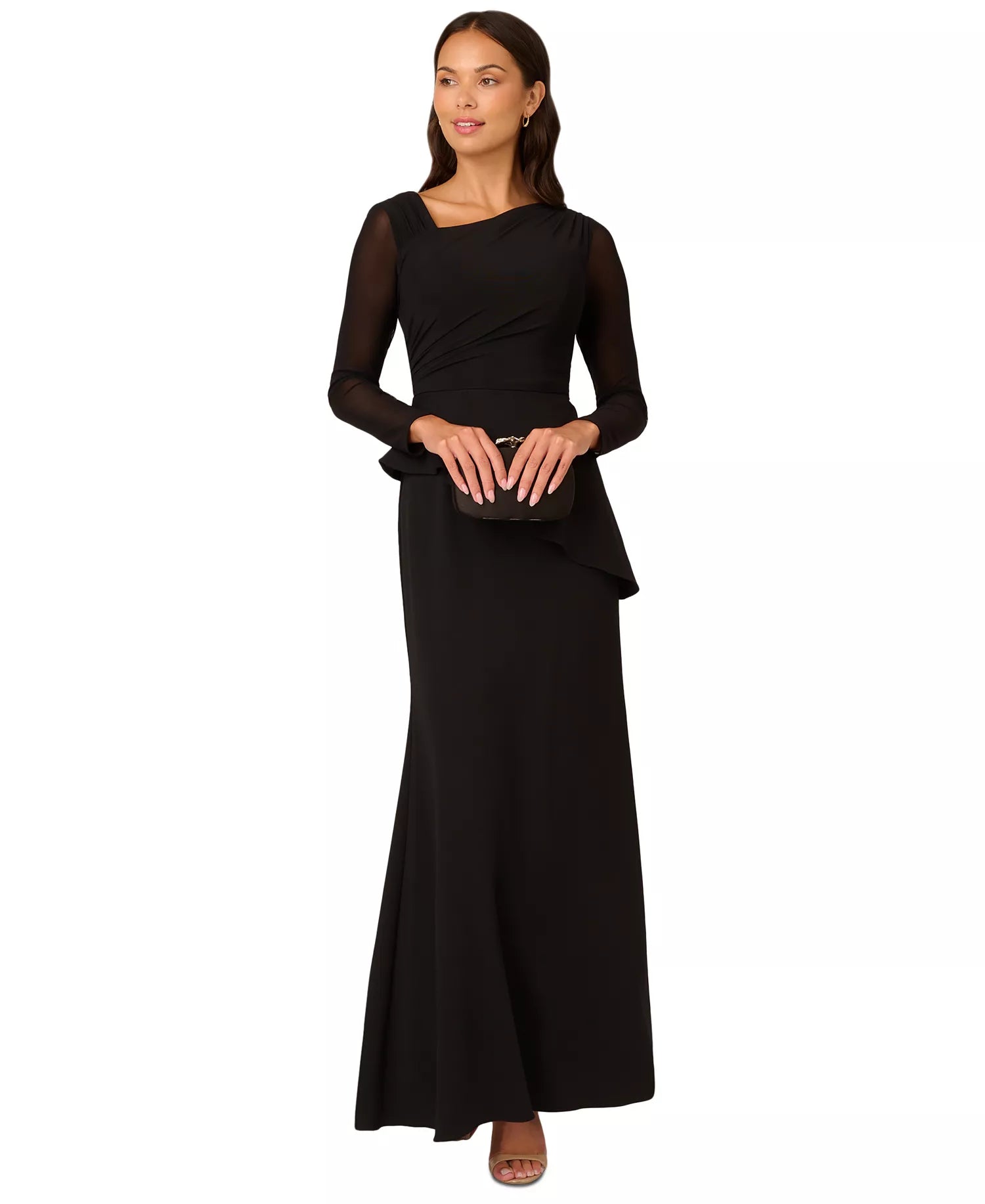 Black Crepe and Mesh Sheath Asymmetrical Cowl Neck Floor Length Dress