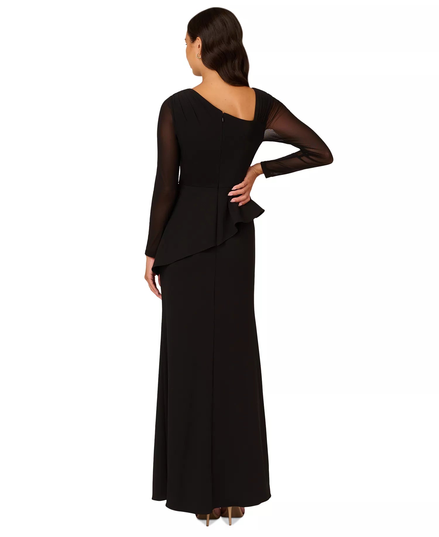 Black Crepe and Mesh Sheath Asymmetrical Cowl Neck Floor Length Dress