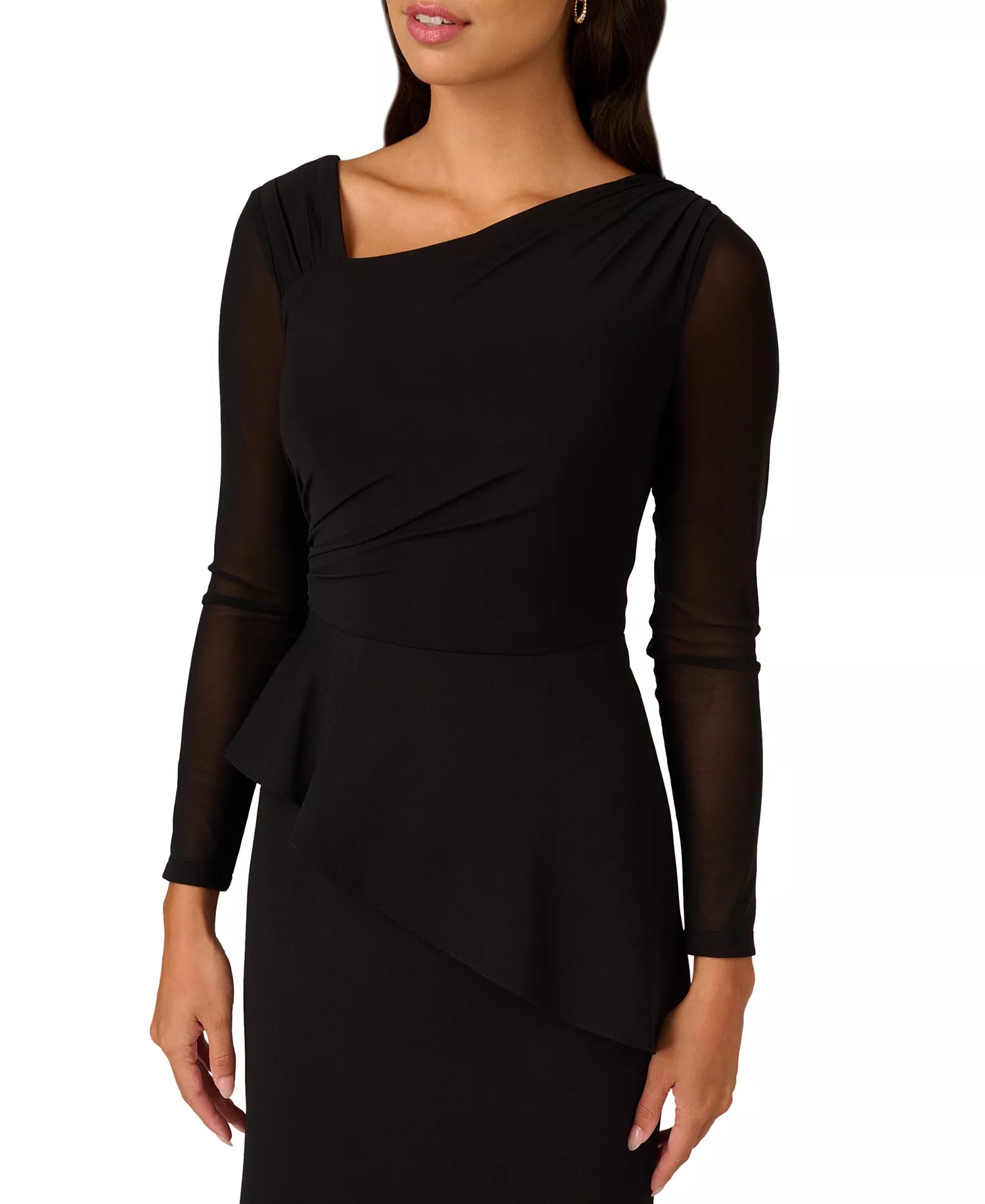 Black Crepe and Mesh Sheath Asymmetrical Cowl Neck Floor Length Dress