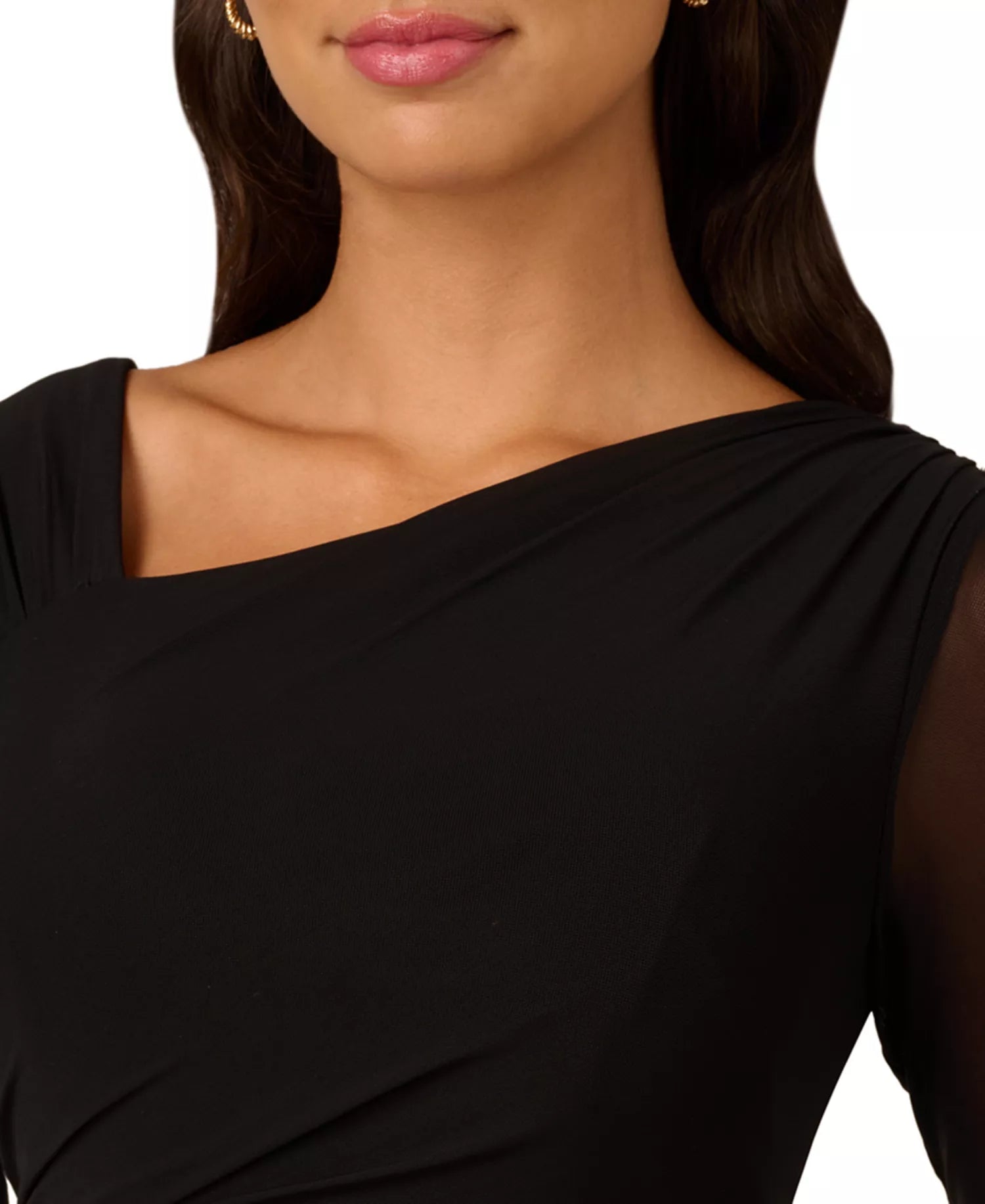 Black Crepe and Mesh Sheath Asymmetrical Cowl Neck Floor Length Dress
