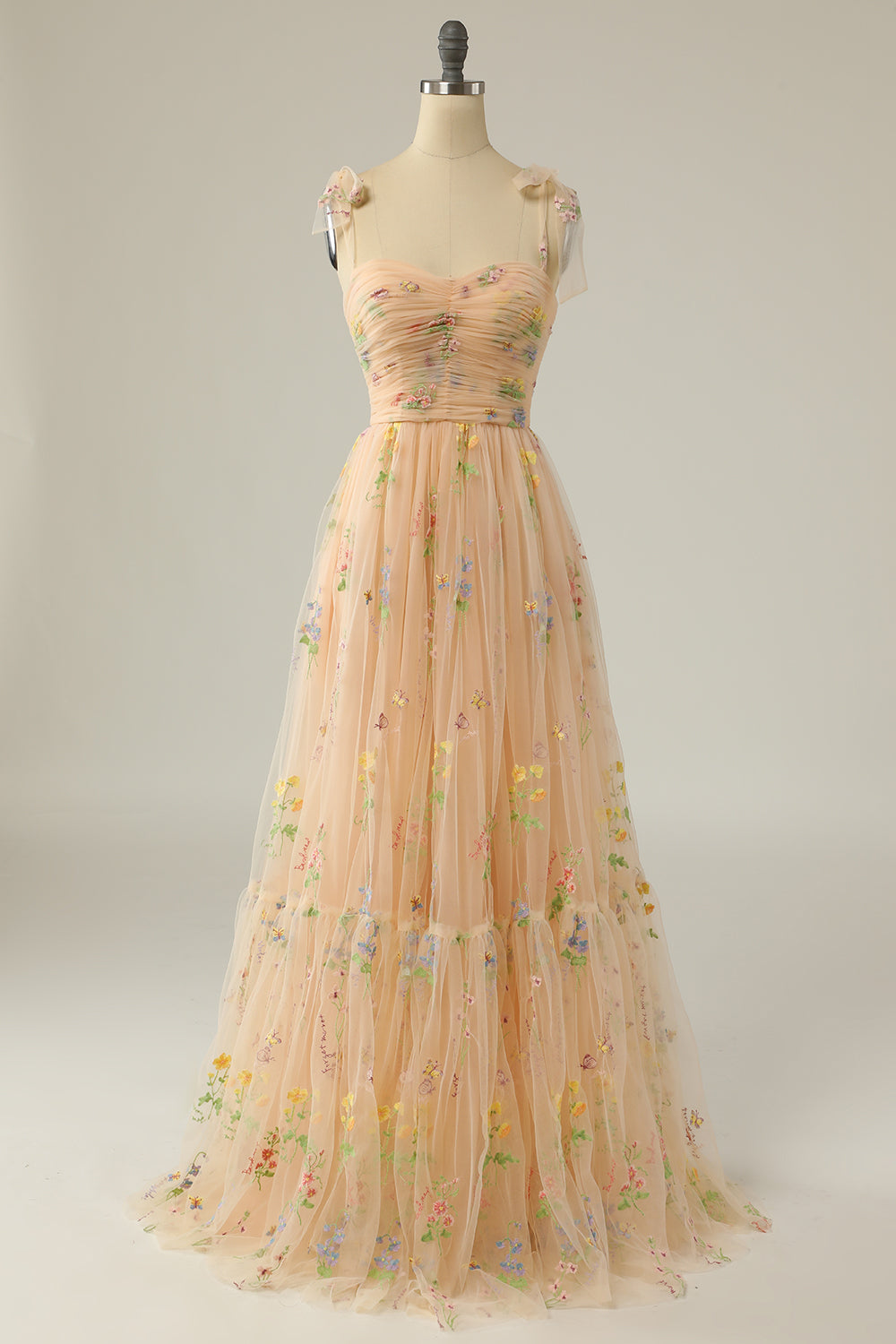 Weitese Elegant A Line Spaghetti Straps Champagne Long Prom Dress with Embroidery