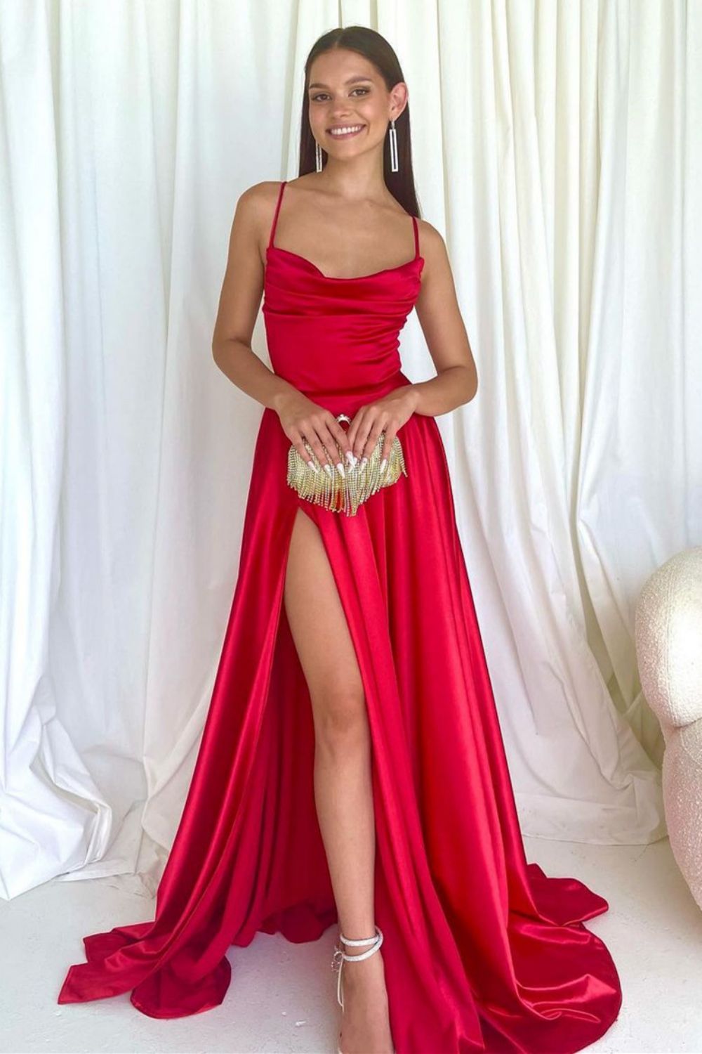 Weitese Simple A Line Spaghetti Straps Red Long Prom Dress with Criss Cross Back