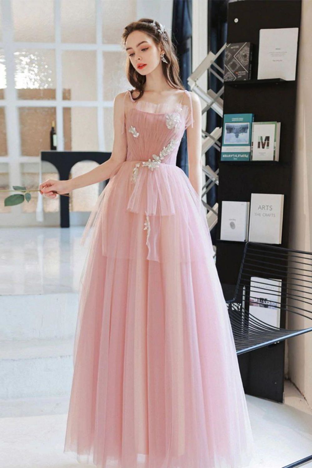 Weitese Elegant A Line Spaghetti Straps Pink Long Prom Dress with Appliques