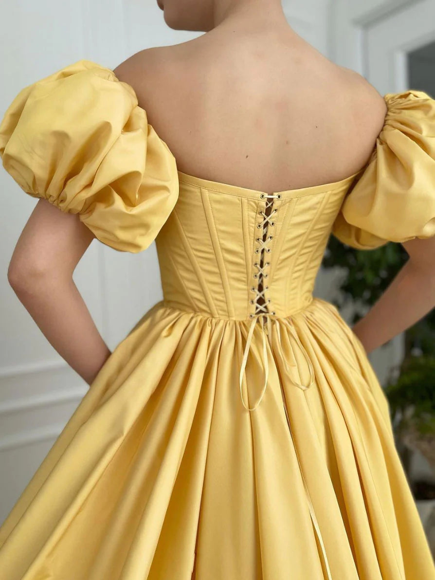Simple yellow satin long Evening Dresses