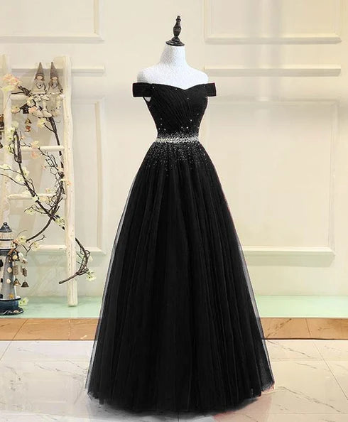 Sparkly Off Shoulder Black Tulle Beaded Waist Ball Gown
