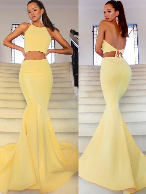 Weitese Two Piece Pink Long Prom Dress with Slit Mermaid Prom Dress