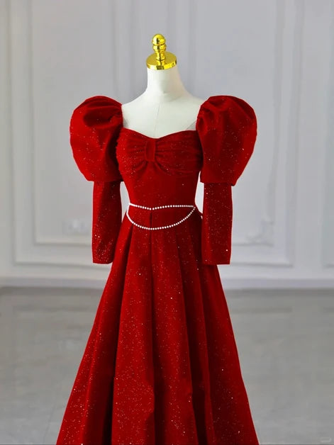 Red Glitter Velvet A-Line Sweetheart Back Zip Floor-Length Dress
