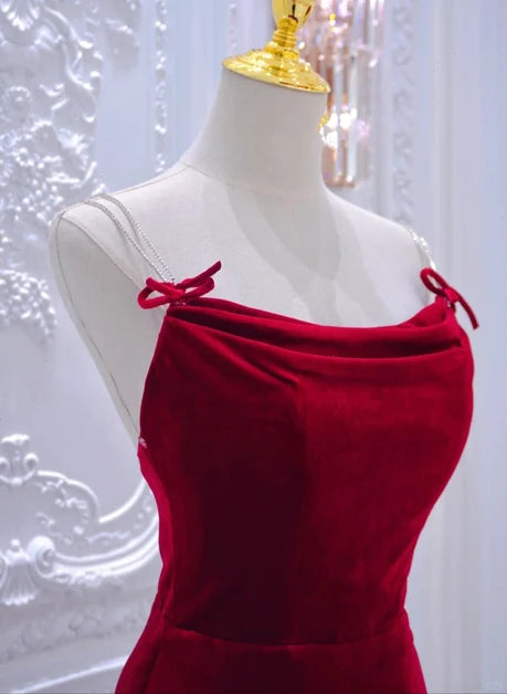 Burgundy Velvet Mermaid Cowl Neck Criss-Cross Back Floor-Length Dress