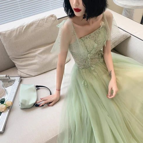 Sage Green Lace Tulle A Line Prom Dress Sheer Flutter Strap 3D Floral Bodice