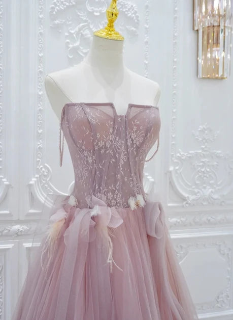 Mauve Tulle A-Line Sweetheart Lace-Up Back Floor-Length Dress