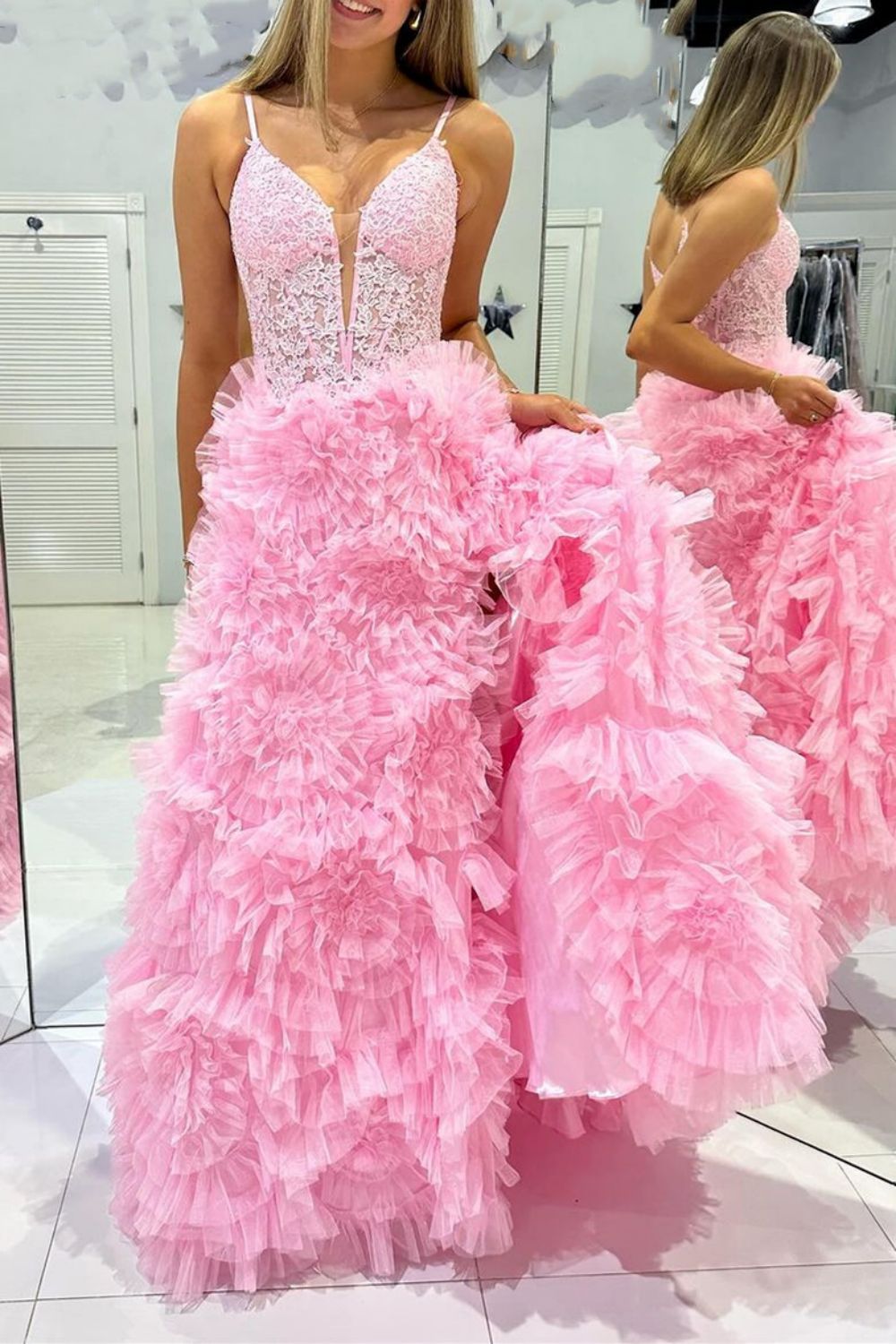 Weitese Gorgeous A Line Spaghetti Straps Pink Corset Prom Dress with 3D Flowers