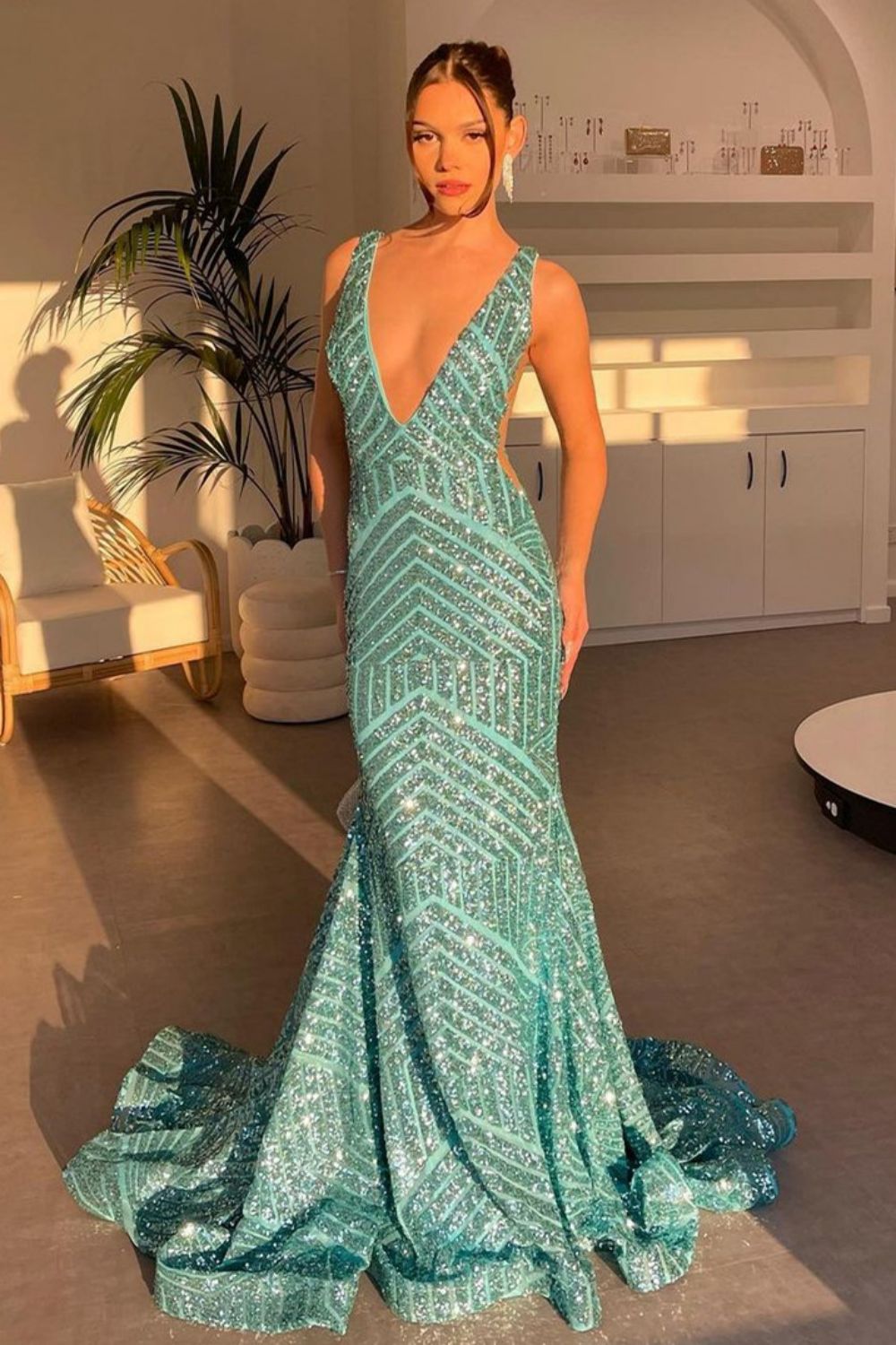 Weitese Sparkly Mermaid Deep V Neck Orange Sequins Long Prom Dress with Backless