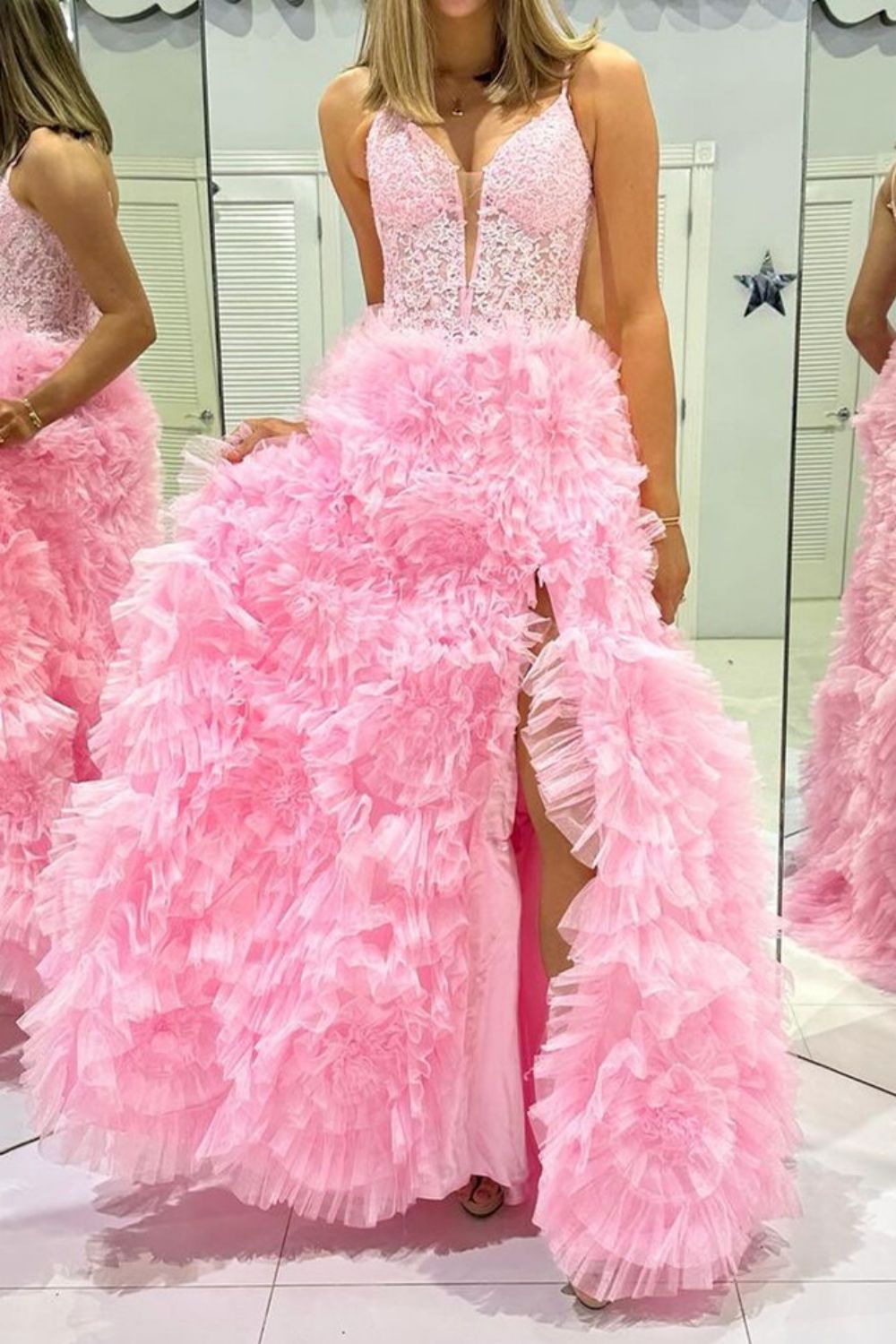 Weitese Gorgeous A Line Spaghetti Straps Pink Corset Prom Dress with 3D Flowers