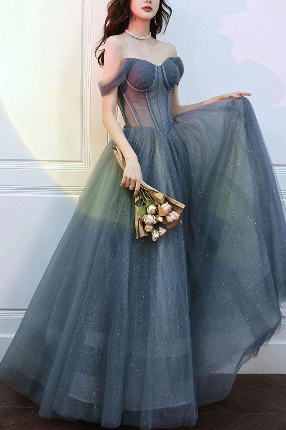 Weitese Charming A Line Off the Shoulder Grey Long Prom Dress