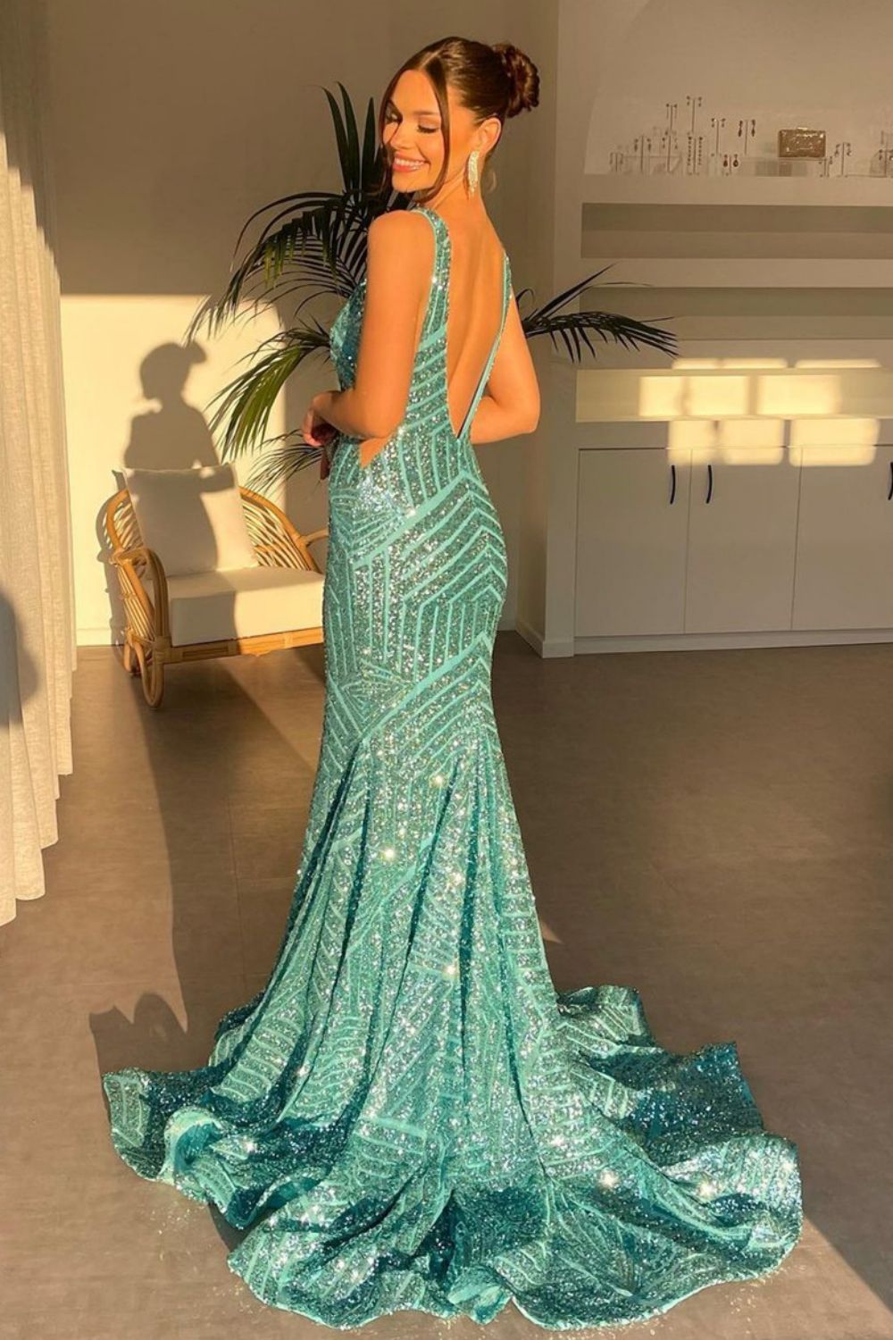 Weitese Sparkly Mermaid Deep V Neck Orange Sequins Long Prom Dress with Backless