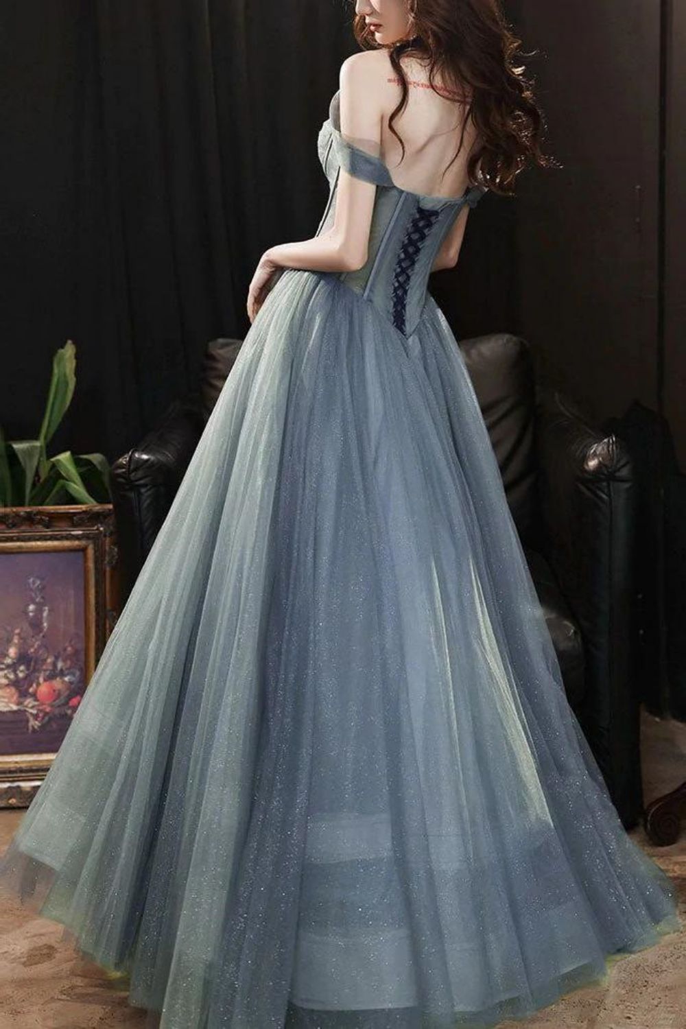 Weitese Charming A Line Off the Shoulder Grey Long Prom Dress