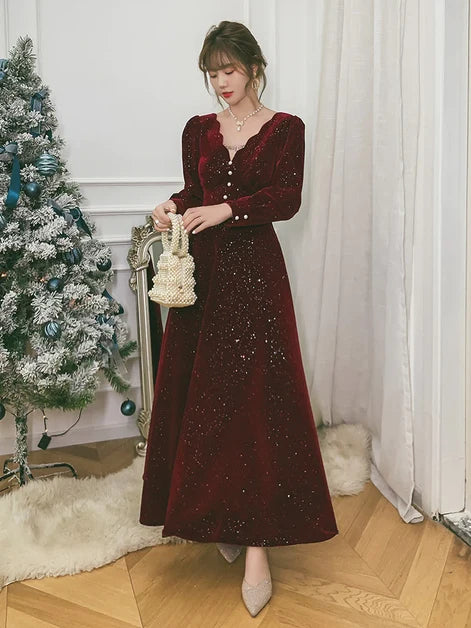 Burgundy Glitter Velvet A-Line V-Neck V-Back Ankle-Length Dress