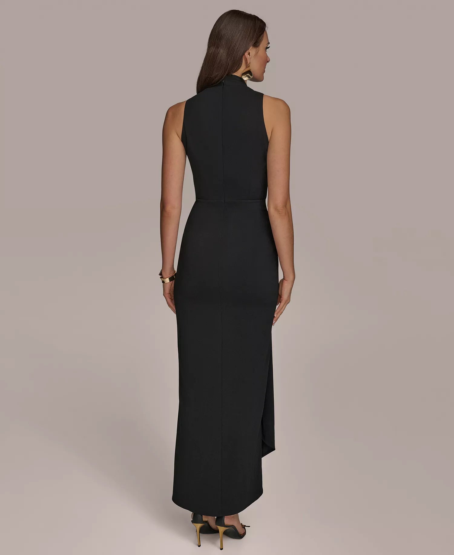 Black Crepe Sheath V-Neck High Back Floor Length Dress