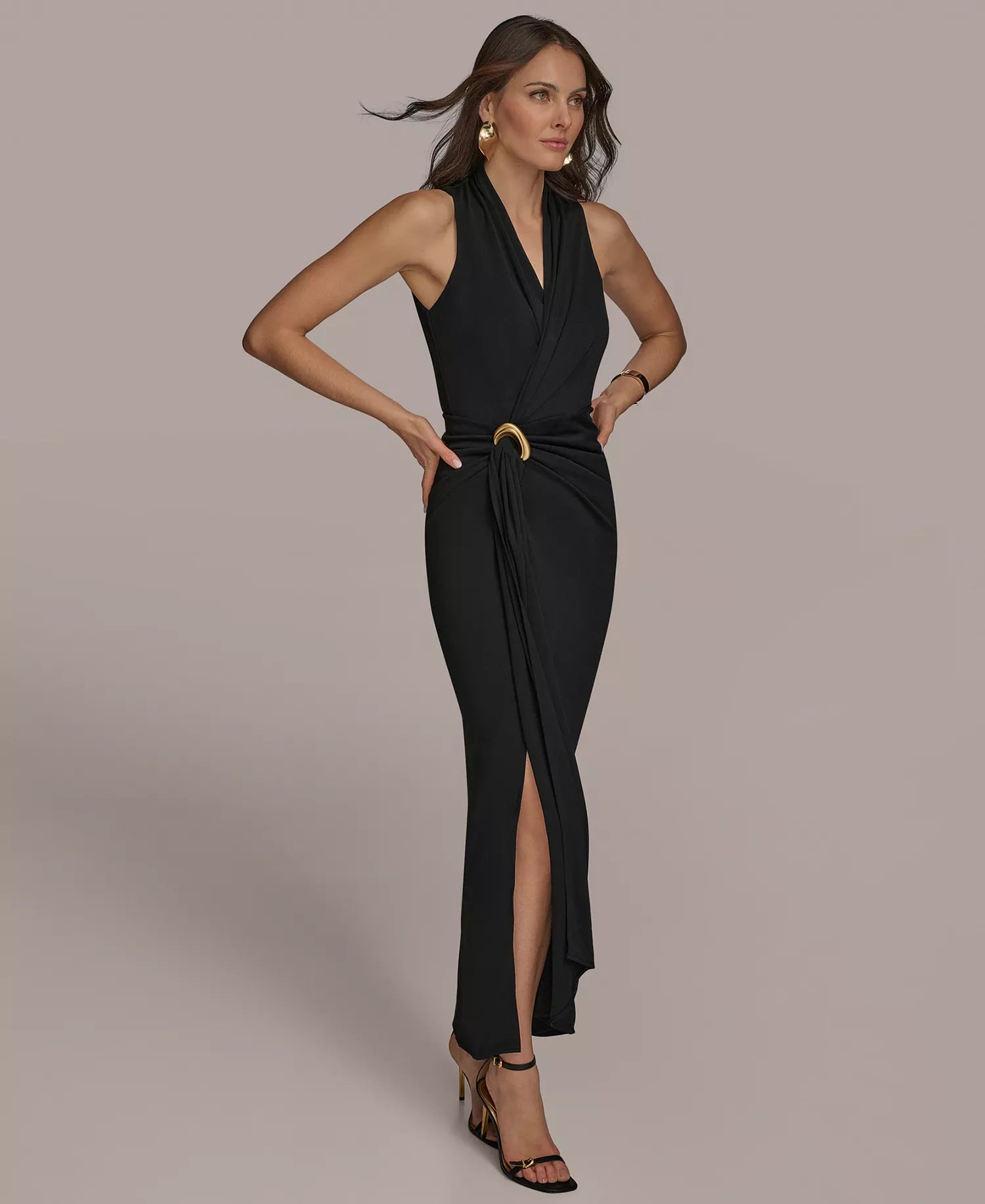 Black Crepe Sheath V-Neck High Back Floor Length Dress