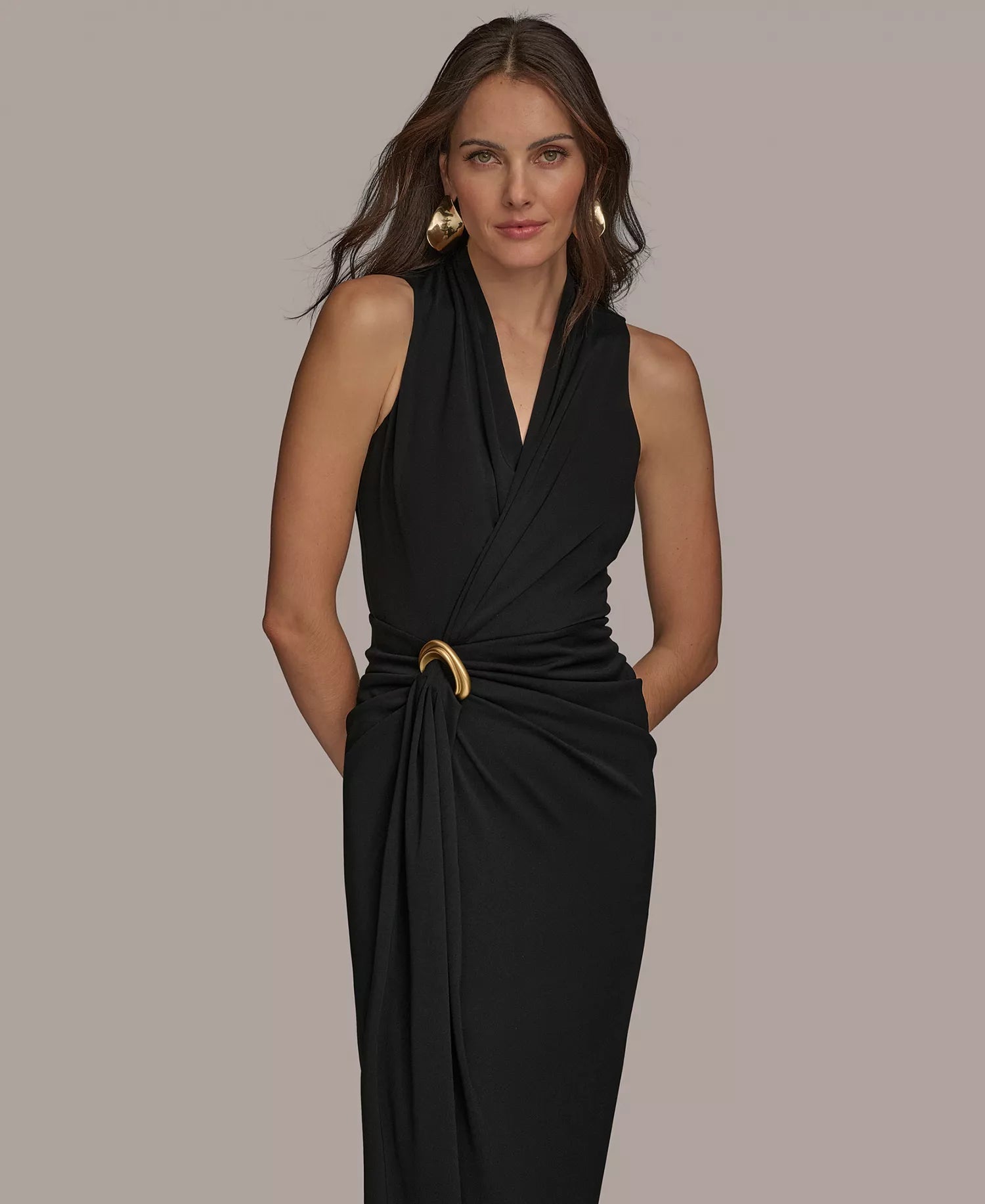 Black Crepe Sheath V-Neck High Back Floor Length Dress