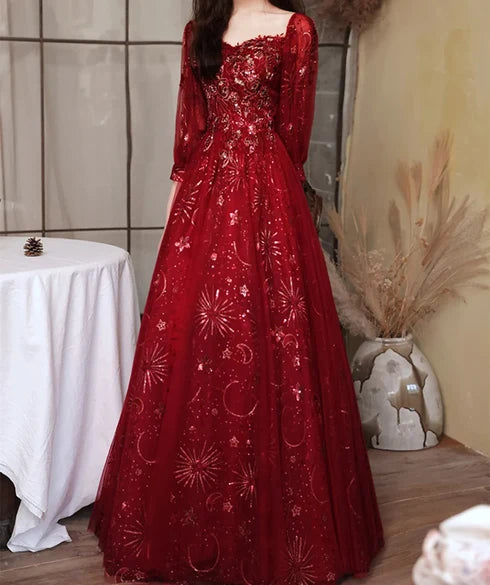 Dreamy A-line Square Puff Sleeve Lace Up Back Long Prom Dress