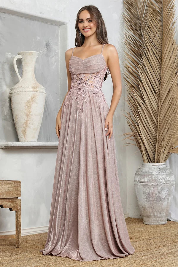 Blush A-Line Sweetheart Spaghetti Strap Lace-Up Back Glitter Gown