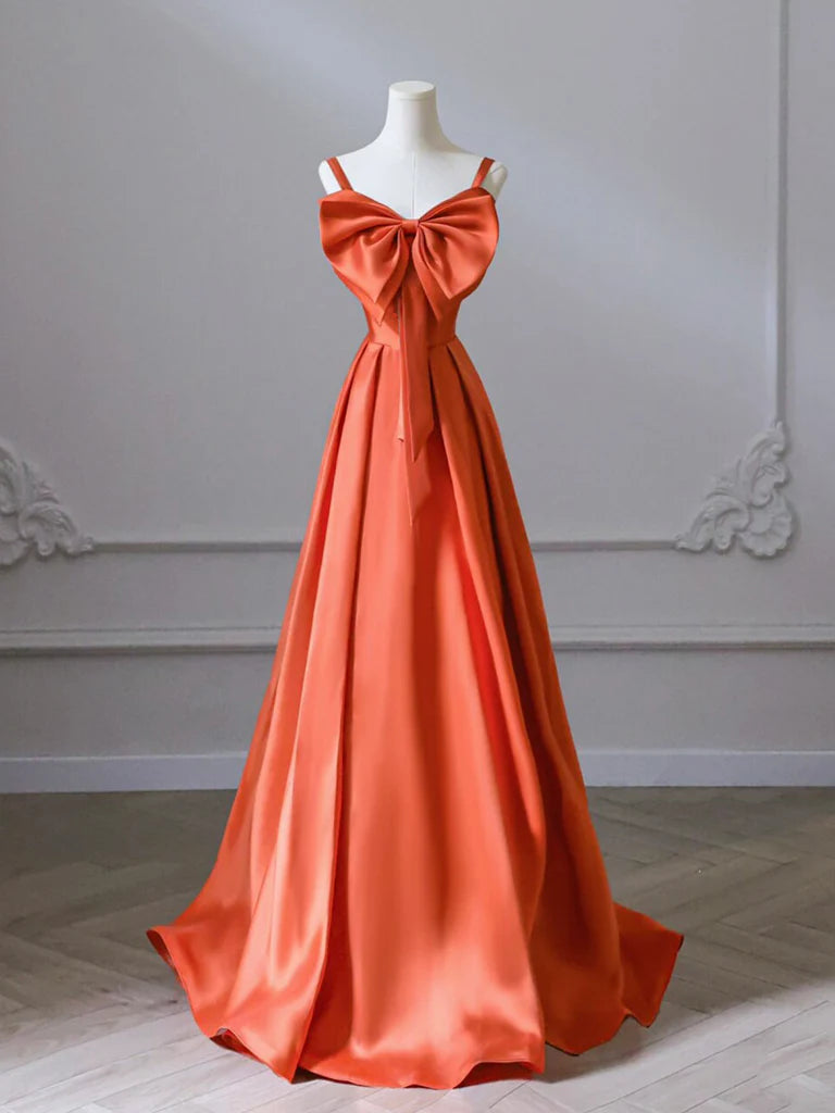 A-Line Orange Satin Long Prom Party Dresses