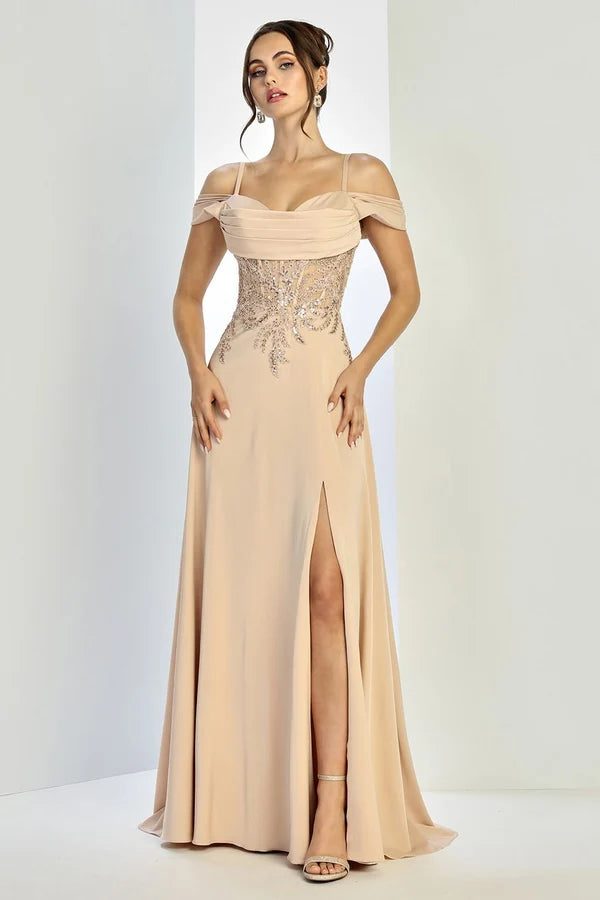 Champagne A-Line Off Shoulder Spaghetti Strap Low Back Slit Formal Gown