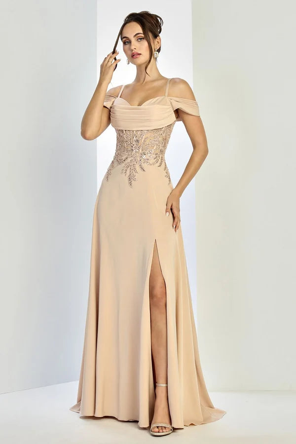 Champagne A-Line Off Shoulder Spaghetti Strap Low Back Slit Formal Gown