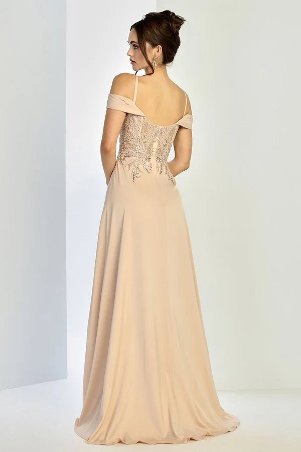 Champagne A-Line Off Shoulder Spaghetti Strap Low Back Slit Formal Gown