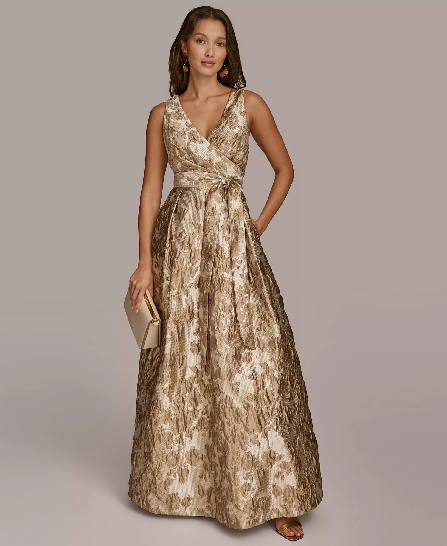 Gold Jacquard A-Line V-Neck V-Back Floor-Length Dress