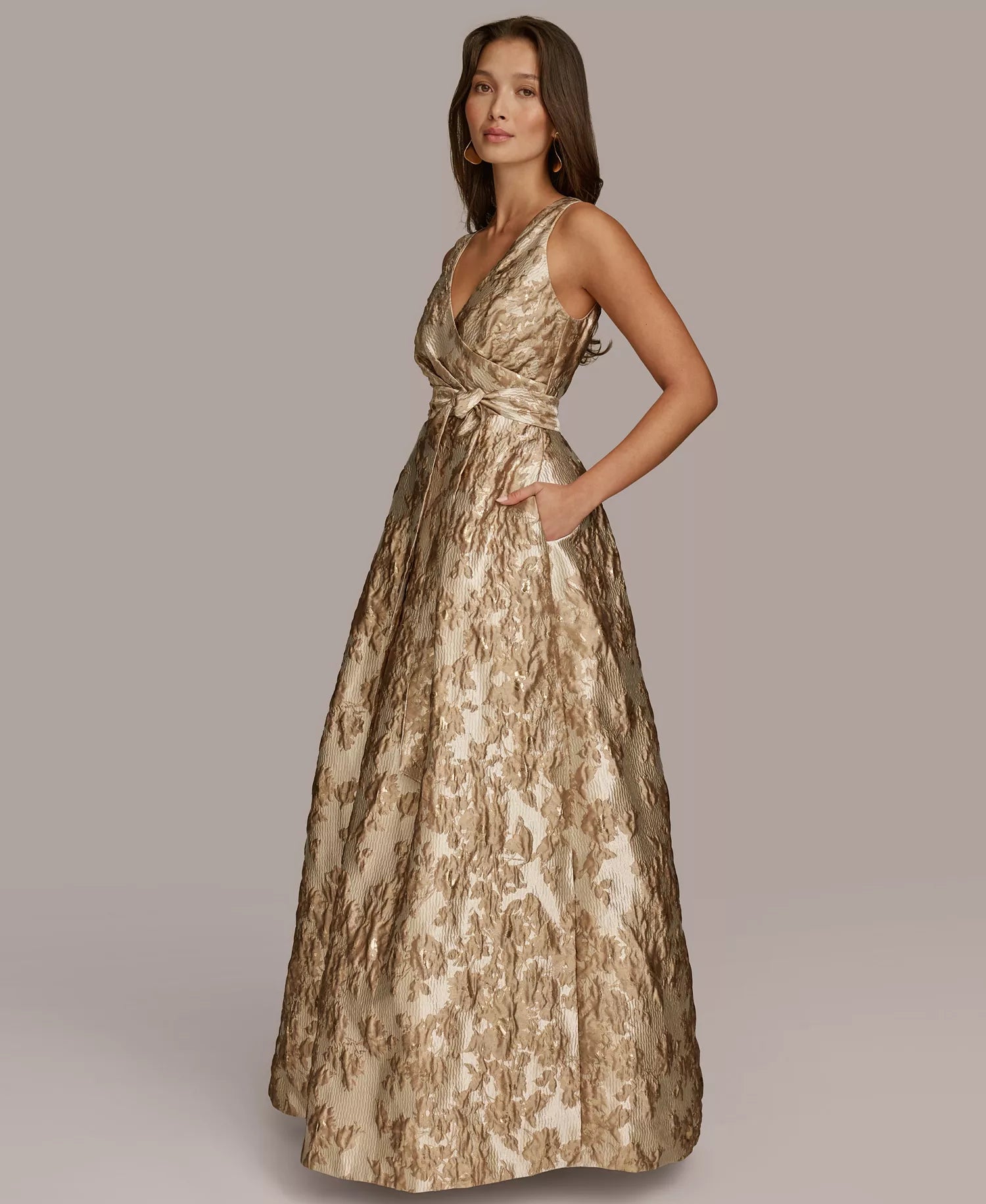 Gold Jacquard A-Line V-Neck V-Back Floor-Length Dress