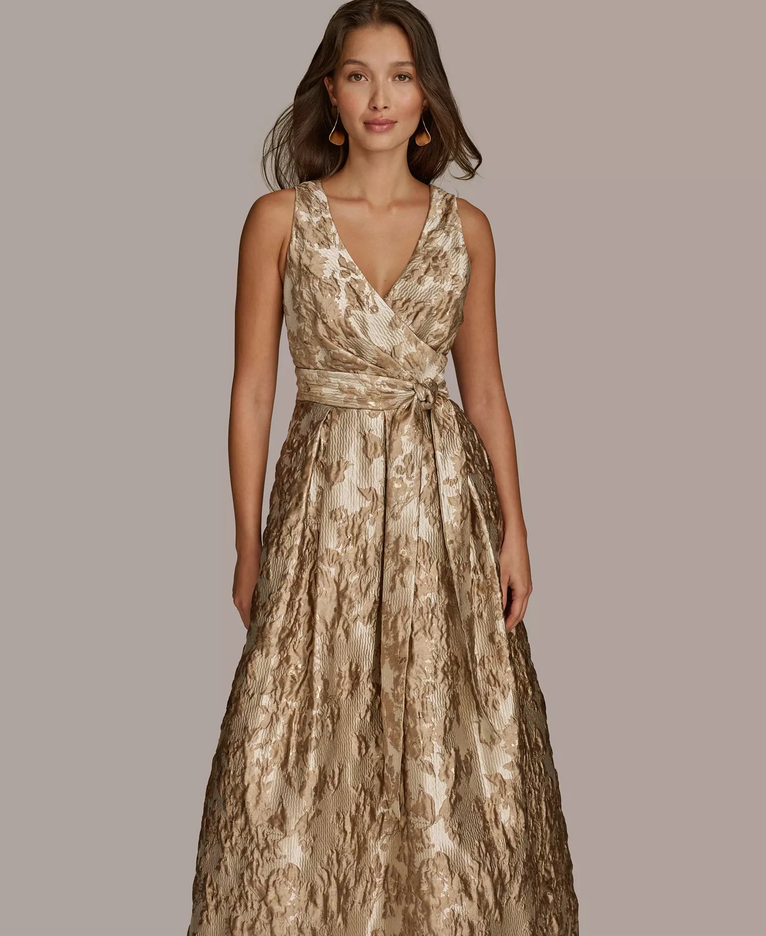 Gold Jacquard A-Line V-Neck V-Back Floor-Length Dress