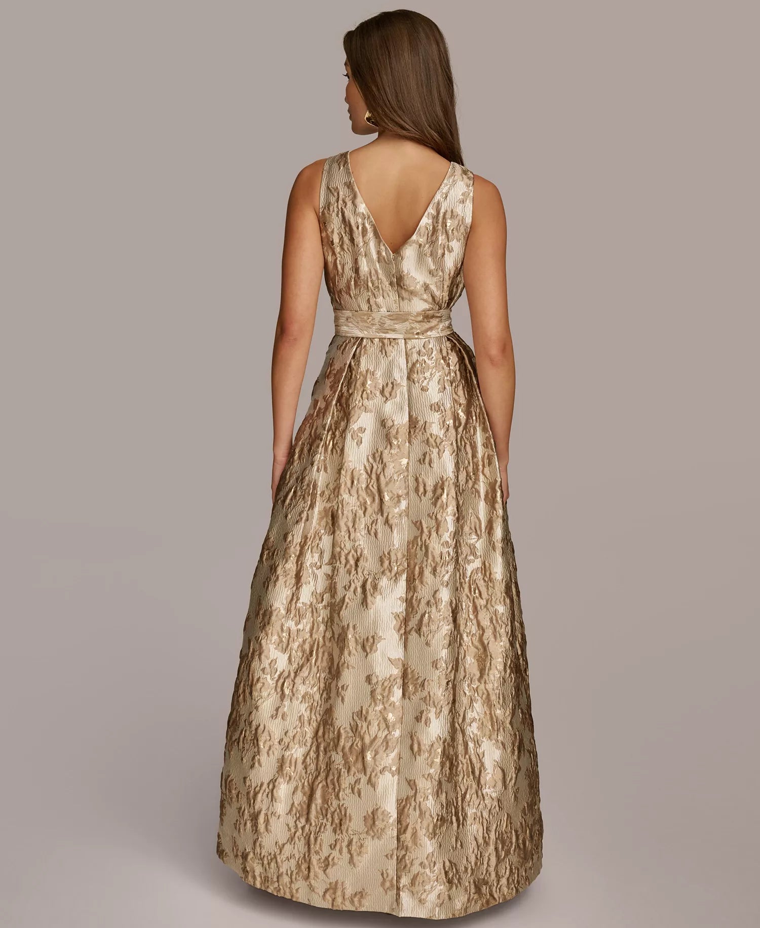 Gold Jacquard A-Line V-Neck V-Back Floor-Length Dress