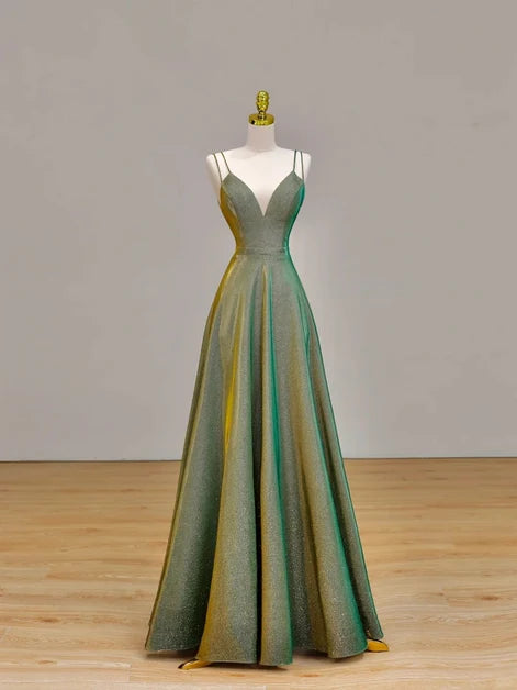 Forest Green Glitter Fabric A-Line Plunging V-Neck V-Back Floor-Length Dress