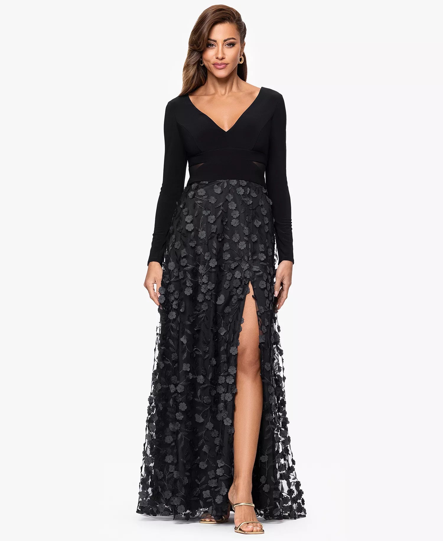 Black Mesh & Stretch Knit A-Line V-Neck V-Back Floor-Length Dress